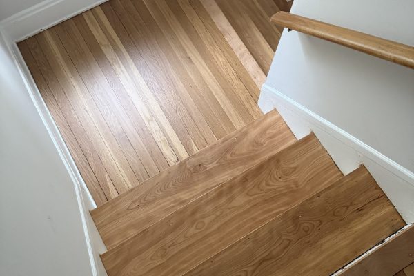 photo shows a refinished hardwood floor in cleveland, ohio -- it's an oak floor in an older home that was completely sanded and finished by cleveland hardwood restoration.